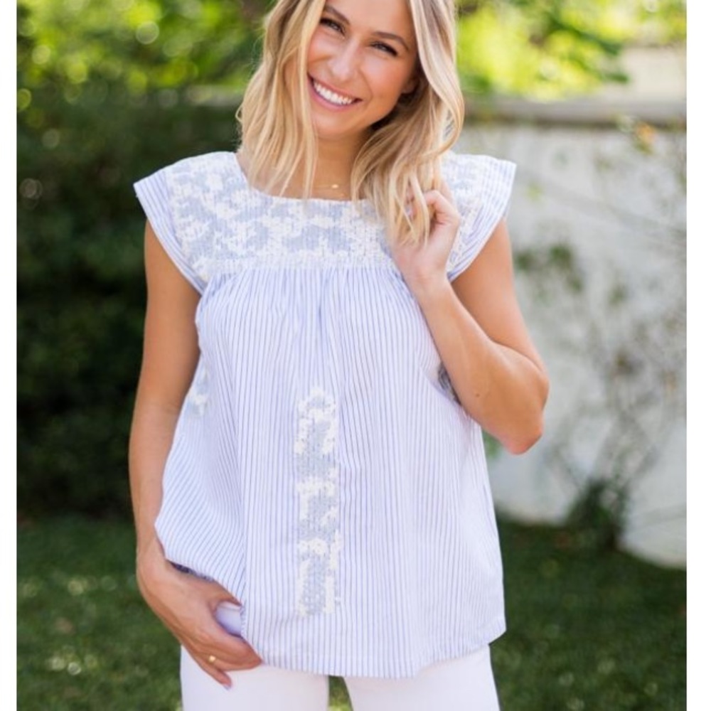 J. Marie Blue & White Embroidered Olivia Tank M